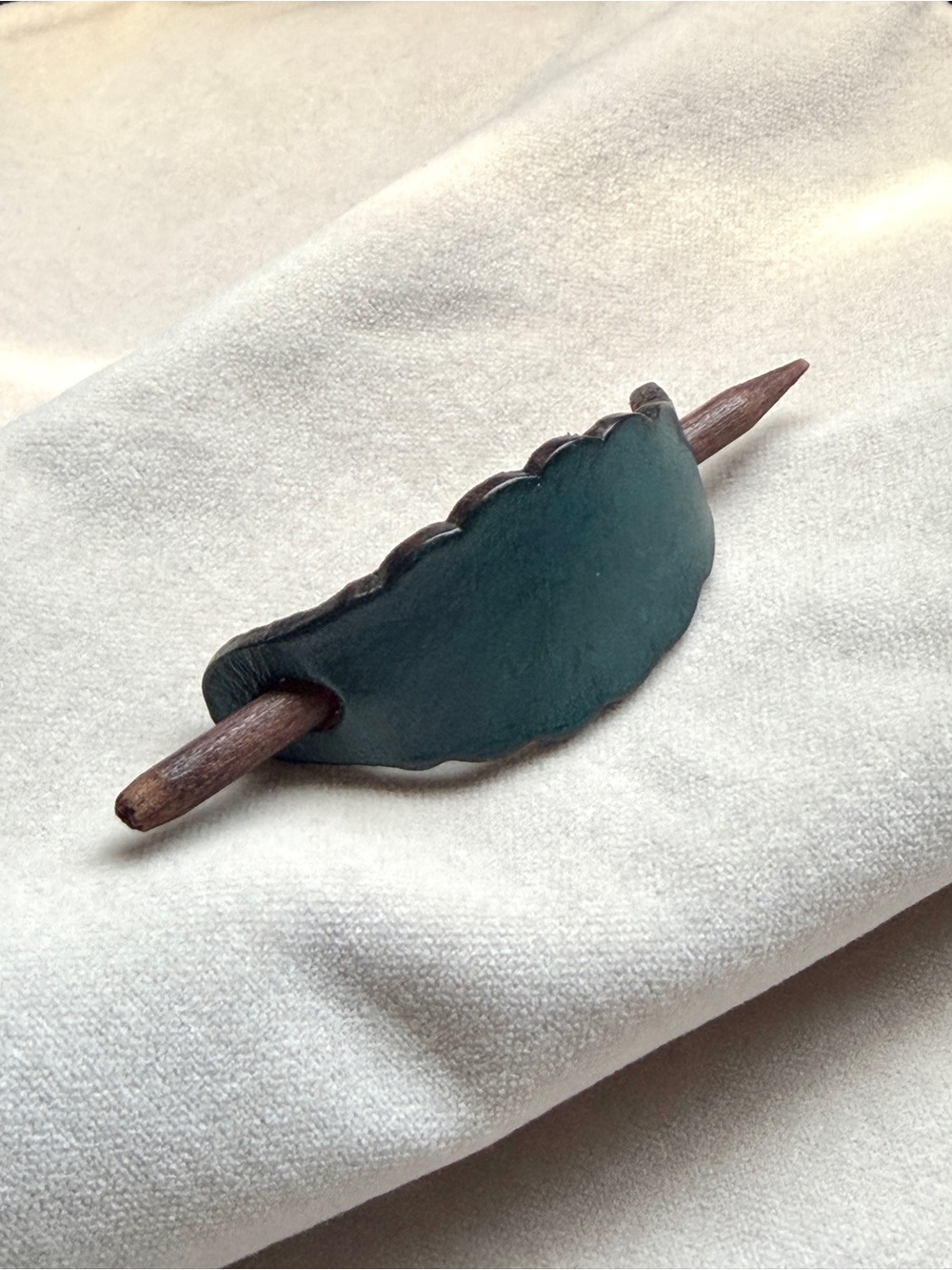 Handcrafted Dark Teal Leather Hair Slide with Wooden Pin